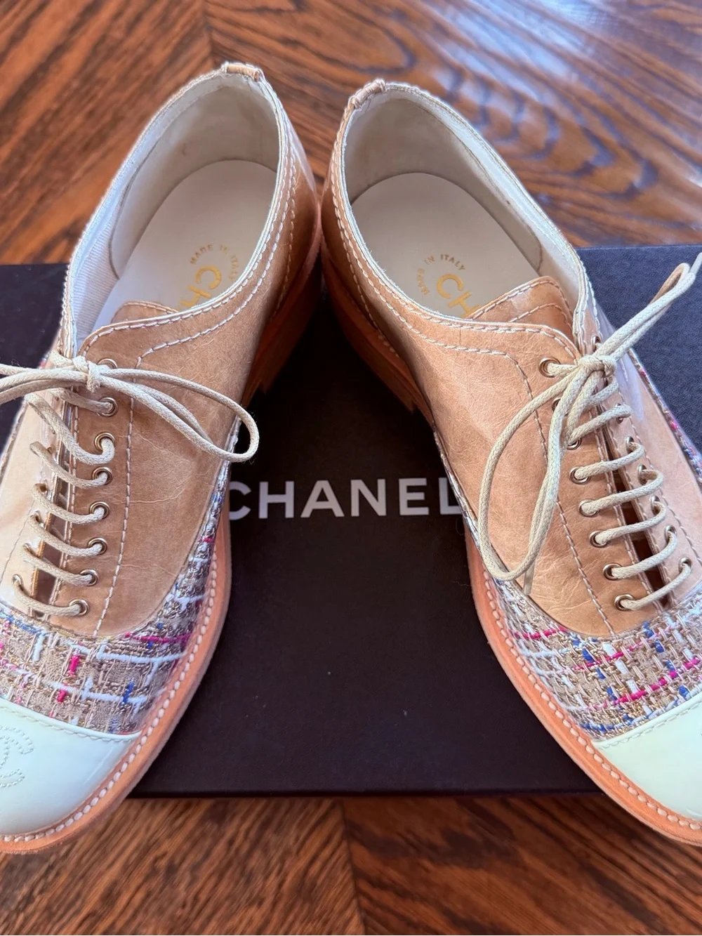 CHANEL Beige Patent Toe & Tweed Lace-Up Oxfords